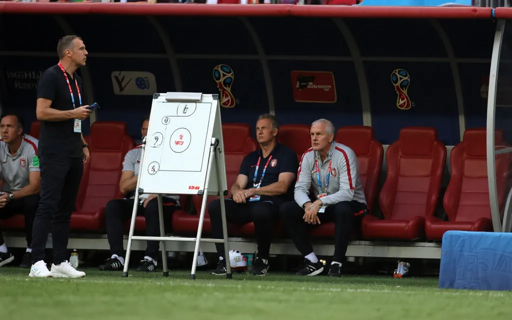 世界杯赛场替补席与教练战术板的紧张氛围，体现关键换人时刻